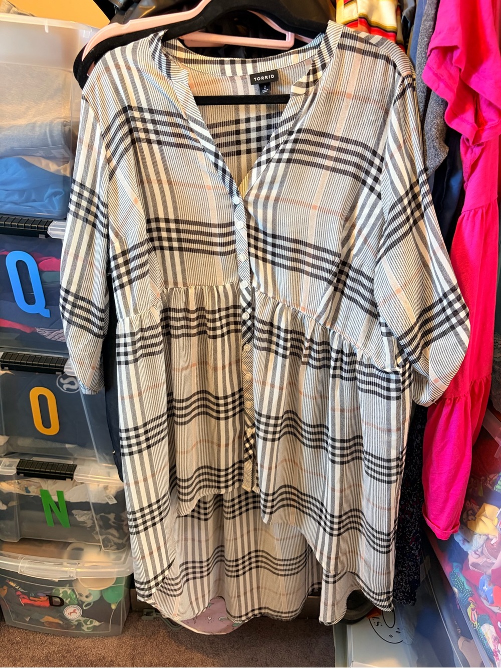 Torrid Black, Cream & Tan Plaid Button-Front High-Low Tunic Blouse